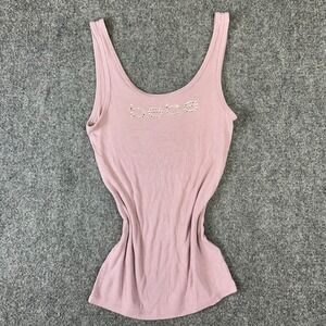 Bebe Womens Ribbed Rhinestone Logo Tank Top Pink Scoop Neck Y2K Size Large